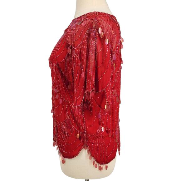 Vintage Plum Blossom Beaded Top Hand Embroidery Red XL - Picture 3 of 6